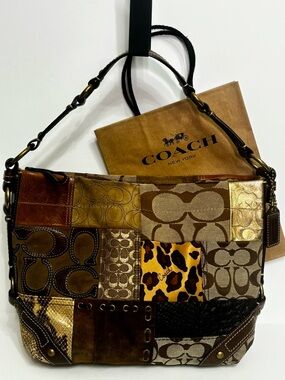 Vintage Coach Carly Patchwork Hobo Bag Signature Leopard Snakeskin Y2K 11496